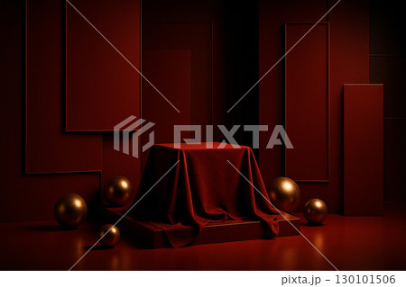 Dark luxury interior with red velvet podium highlighted by glowing floor accent lamps 130101506