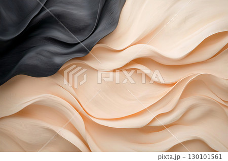 Elegant Flowing Fabric in Black and Beige Shades with Soft Texture and Subtle Waves 130101561