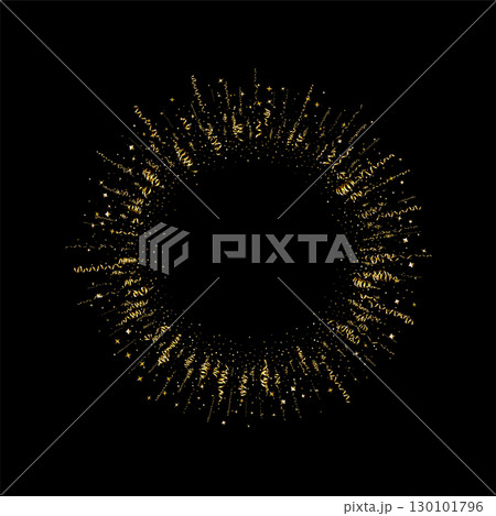 Golden serpentine ribbons frame. Confetti round banner. Luxury streamer 130101796