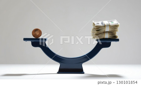 seesaw balancing single coin against stack of cash, illustrating stark disparity caused by inflation and economic challenges 130101854