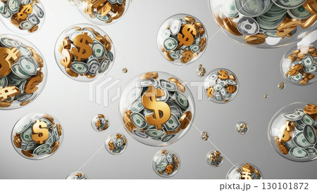 Abstract rising bubbles filled with currency symbols, depicting inflation risks and economic concerns. image illustrates concept of financial instability and market fluctuations 130101872