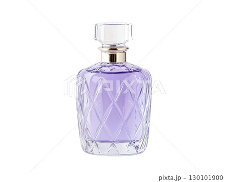 Elegant glass perfume bottle with purple liquid inside, featuring diamond pattern and clear stopper, perfect for luxury fragrance displays 130101900