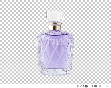 Elegant glass perfume bottle with purple liquid inside, featuring diamond pattern and clear stopper, perfect for luxury fragrance displays 130101900