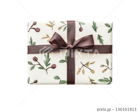 beautifully wrapped gift with floral design and brown ribbon, perfect for any occasion. elegant presentation adds touch of charm and warmth 130101913