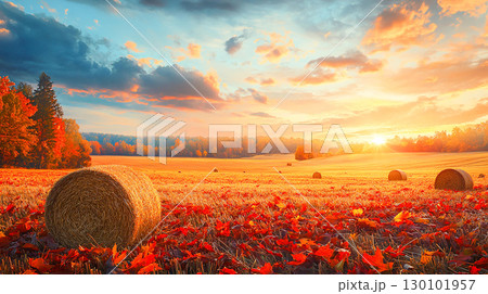 serene landscape of harvest field at sunset, featuring golden hay bales and vibrant autumn leaves. warm colors evoke peaceful and tranquil atmosphere 130101957