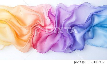 Abstract background Flowing fabric in gradient of colors from orange to blue, creating smooth and vibrant visual effect. soft texture adds elegance and beauty to composition 130101967