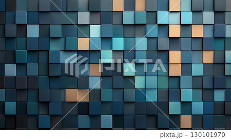 Abstract background Textured wall of small squares in varying shades of blue and teal, creating visually appealing pattern. arrangement includes hints of warm tones, adding depth and interest 130101970