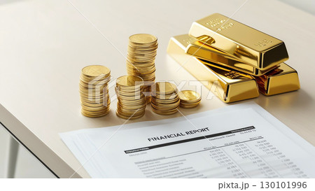 Gold bars and coins arranged beside financial report on minimalist workspace, highlighting investment analysis and financial planning 130101996