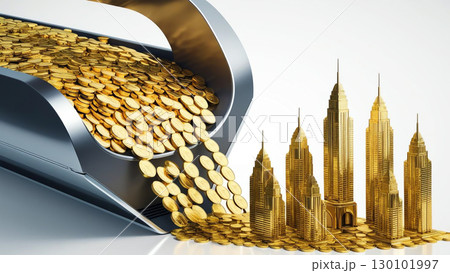 Gold coins flowing into futuristic machine, transforming into golden skyscrapers, symbolizes merging of wealth and progress in modern world 130101997