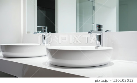 Modern bathroom with sparkling clean sink and mirror, showcasing hygiene and cleanliness. sleek design emphasizes simplicity and elegance, creating refreshing atmosphere Modern bathroom with sparkling clean sink and mirror, showcasing hygiene and cleanliness. sleek design emphasizes simplicity and elegance, creating refreshing atmosphere 130102012