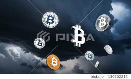 Digital currency symbols floating over stormy background, highlighting vulnerability of both physical and digital currencies to economic risks 130102215