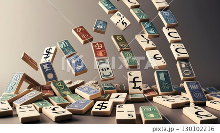 Falling dominoes made of currency symbols illustrate cascading effects of economic risks on currency markets, highlighting financial instability and market dynamics 130102216