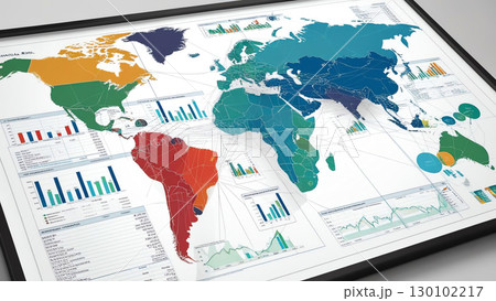 Intersecting global map overlays with financial charts, illustrating interconnectedness of economic risk in financial forecasts. This visual representation highlights global data trends 130102217