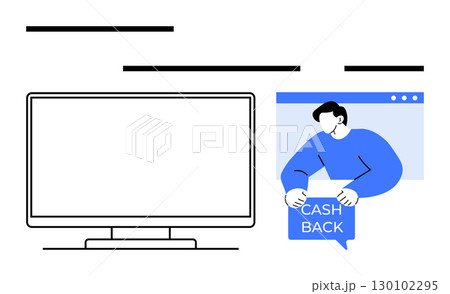 Man inside browser window holding Cash Back sign next to blank computer monitor. Ideal for online shopping, e-commerce, digital marketing, financial incentives, rewards programs, web design, customer Man inside browser window holding Cash Back sign next to blank computer monitor. Ideal for online shopping, e-commerce, digital marketing, financial incentives, rewards programs, web design, customer 130102295