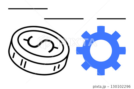 Coin with dollar symbol and blue gear interact. Ideal for finance, technology, investment, development, efficiency, digital transformation, economic planning. Line metaphor Coin with dollar symbol and blue gear interact. Ideal for finance, technology, investment, development, efficiency, digital transformation, economic planning. Line metaphor 130102296