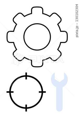 Gear, target, and wrench symbols convey themes of settings, precision, and tools. Ideal for technology, manufacturing, engineering maintenance productivity mechanics and repair. Line metaphor Gear, target, and wrench symbols convey themes of settings, precision, and tools. Ideal for technology, manufacturing, engineering maintenance productivity mechanics and repair. Line metaphor 130102304