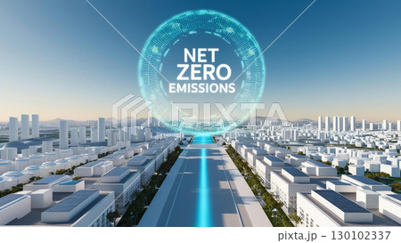 futuristic city powered entirely by renewable energy with focus on sustainability and innovation, showcasing Net Zero Emissions prominently in sky futuristic city powered entirely by renewable energy with focus on sustainability and innovation, showcasing Net Zero Emissions prominently in sky 130102337