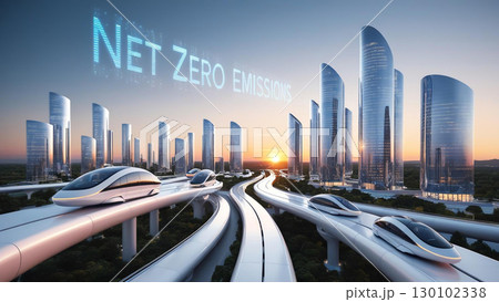 futuristic city powered by renewable energy with holographic Net Zero Emissions displayed in sky, showcasing advanced technology and sustainable living 130102338