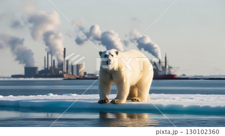 polar bear stands on melting ice, reflecting impact of industrial pollution on wildlife. This highlights urgent need for environmental awareness and action 130102360