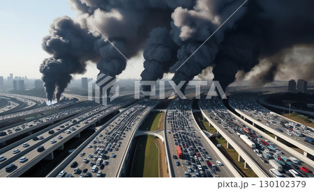 Aerial view of congested highways with heavy traffic and dark smoke clouds rising over city, illustrating pollution and environmental concerns 130102379