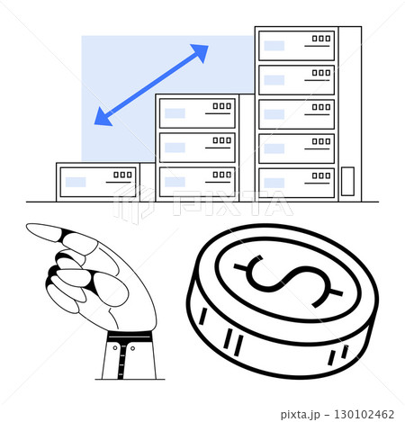 Robotic hand pointing, stacked buildings with growth arrow, and a coin with dollar sign. Ideal for technology, finance, artificial intelligence, investments, growth automation and fintech. Line 130102462