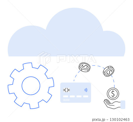 Cloud technology facilitating financial transactions with gear, credit card, coins, and hand elements. Ideal for fintech, cloud computing, digital payments, financial services, e-commerce online Cloud technology facilitating financial transactions with gear, credit card, coins, and hand elements. Ideal for fintech, cloud computing, digital payments, financial services, e-commerce online 130102463