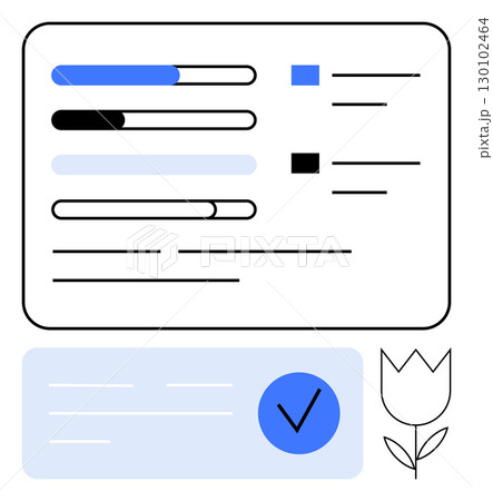 Progress bars at different stages beside checkboxes, a checked circle, and tulip line drawing. Ideal for project management, task tracking, productivity, analytics, progress reporting, design Progress bars at different stages beside checkboxes, a checked circle, and tulip line drawing. Ideal for project management, task tracking, productivity, analytics, progress reporting, design 130102464