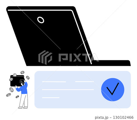 Man transferring money through mobile wallet illustrated by flying coins, giant laptop, verification checkmark. Ideal for finance, digital transactions, online banking, e-commerce, financial Man transferring money through mobile wallet illustrated by flying coins, giant laptop, verification checkmark. Ideal for finance, digital transactions, online banking, e-commerce, financial 130102466