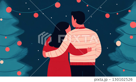 couple embracing in front of decorated Christmas trees, surrounded by festive lights and snowflakes, capturing warm holiday moment 130102526