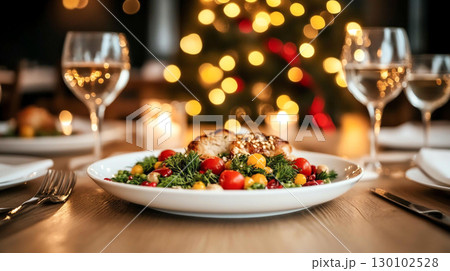 festive table setting features delicious meal with vibrant vegetables, surrounded by twinkling lights and warm ambiance, perfect for holiday gatherings 130102528