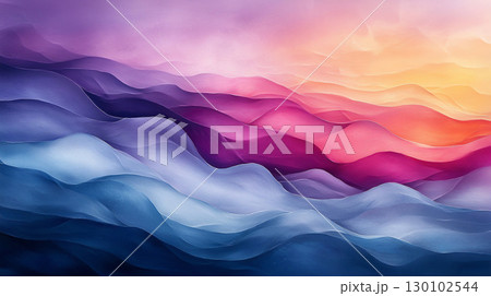 vibrant abstract landscape with flowing waves in shades of purple, pink, and blue, evoking sense of tranquility and depth 130102544