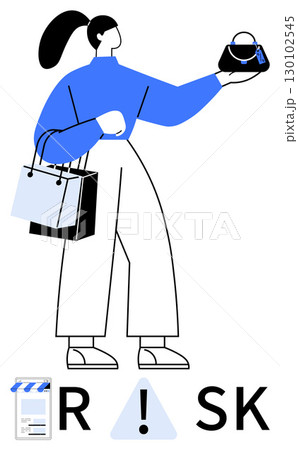 Woman holding bags considering a purchase while evaluating a tagged handbag. Ideal for retail, shopping, consumer behavior, marketing, decision making, financial caution, risk assessment themes. Line 130102545