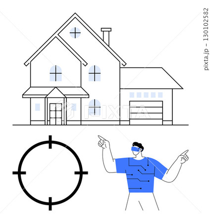 Man wearing VR headset pointing at target around a house. Ideal for real estate, virtual tours, augmented reality, home buying, technology, futuristic concepts, remote viewing. Line metaphor 130102582