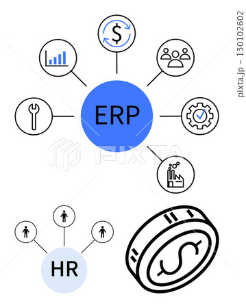 ERP system central node connected to analytics, finance, HR, and tools. HR node links to people icons, coin symbolizes financial aspects. Ideal for business, finance, HR management logistics ERP system central node connected to analytics, finance, HR, and tools. HR node links to people icons, coin symbolizes financial aspects. Ideal for business, finance, HR management logistics 130102602