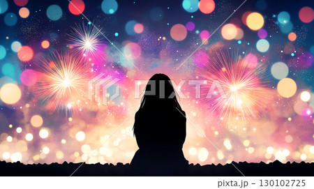 woman with short hair stands in silhouette against vibrant backdrop of colorful lights, New Year celebration. scene evokes feelings of wonder and contemplation 130102725