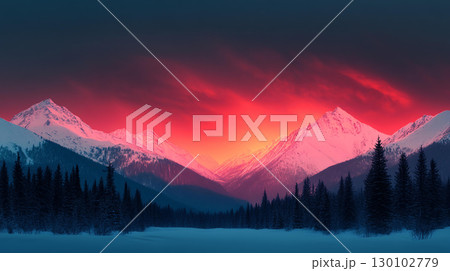 Landscape background Majestic snow covered mountains illuminated by vibrant sunset hues create breathtaking winter landscape. serene atmosphere evokes sense of tranquility and wonder 130102779