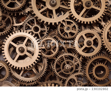 緻密に絡み合う画面いっぱいの歯車が時間の流れを感じさせるノスタルジックな金属の世界 緻密に絡み合う画面いっぱいの歯車が時間の流れを感じさせるノスタルジックな金属の世界 130102802