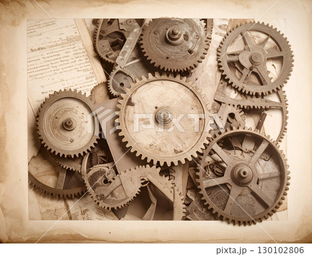 古い図面の上に広がる金属の歯車が散らばるセピア色のレトロなイラスト 130102806