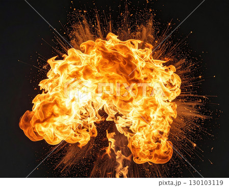 黒い背景の暗闇に燃え上がる火の粉が舞い散る炎の爆発の瞬間 130103119