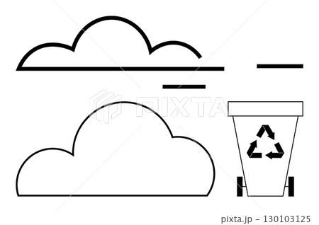 Outline of two clouds and a recycling bin with a recycle sign. Ideal for eco-friendly topics, waste management, sustainability projects, environmental education, clean energy, climate change Outline of two clouds and a recycling bin with a recycle sign. Ideal for eco-friendly topics, waste management, sustainability projects, environmental education, clean energy, climate change 130103125