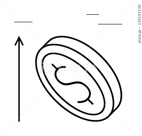Coin with a dollar sign and upward arrow. Ideal for finance, economy, growth, success, investment, business, wealth. Line metaphor 130103130