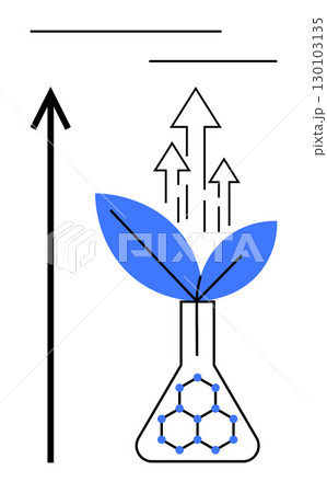 Laboratory flask with green leaves upward arrows, molecular pattern symbolizes growth, innovation, sustainability, biotechnology, new ideas, environmental science. Ideal for progress themes. Line Laboratory flask with green leaves upward arrows, molecular pattern symbolizes growth, innovation, sustainability, biotechnology, new ideas, environmental science. Ideal for progress themes. Line 130103135