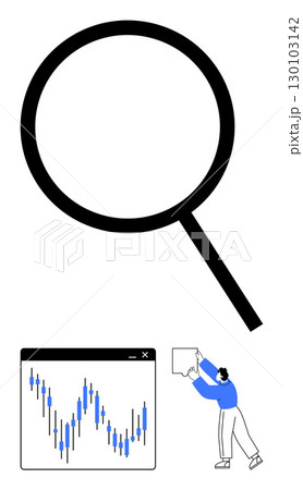 Large magnifying glass, stock market chart with blue candles, person holding a blank sign. Ideal for financial analysis, research, stock prediction, business insights, data interpretation, market 130103142