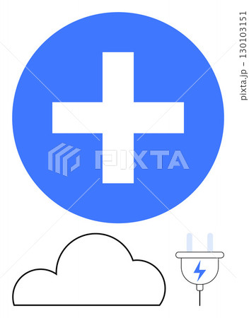 Medical cross in blue circle above a cloud shape and electric plug. Ideal for healthcare, technology integration, digital health, cloud storage, medical records management, telemedicine, hospital Medical cross in blue circle above a cloud shape and electric plug. Ideal for healthcare, technology integration, digital health, cloud storage, medical records management, telemedicine, hospital 130103151