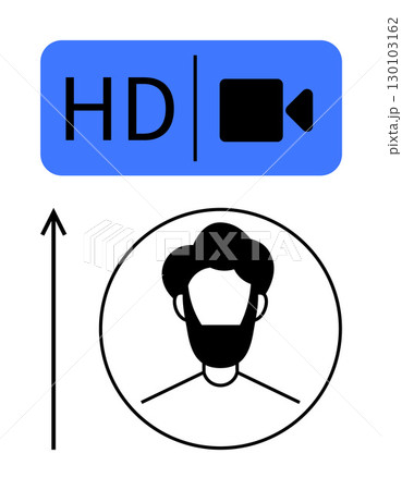 HD icon with video camera arrow and circle with human bust. Ideal for technology, communication, media, user interface, online presence, digital interaction, profile setup. Line metaphor 130103162