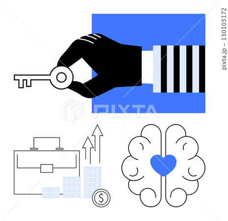 Hand holding key, briefcase with growth chart, and heart within brain symbolizing success and balance. Ideal for business growth, financial success, mental health, opportunities, unlocking potential Hand holding key, briefcase with growth chart, and heart within brain symbolizing success and balance. Ideal for business growth, financial success, mental health, opportunities, unlocking potential 130103172