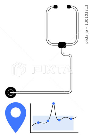 Stethoscope blue location pin, graph with data points represent healthcare insights. Ideal for medical data, technology, innovation, analytics, navigation, healthcare solutions, performance metrics 130103213