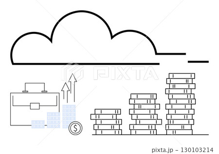 Cloud outline above, briefcase, rising graphs, and stacked coins representing cloud computing and financial growth. Ideal for investment, finance, technology, business strategy, economic analysis Cloud outline above, briefcase, rising graphs, and stacked coins representing cloud computing and financial growth. Ideal for investment, finance, technology, business strategy, economic analysis 130103214