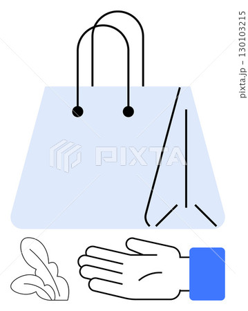 Hand holding a shopping bag with leaves. Ideal for commerce, sustainability, charity, eco-friendliness, minimalism, organic products, and community support. Line metaphor Hand holding a shopping bag with leaves. Ideal for commerce, sustainability, charity, eco-friendliness, minimalism, organic products, and community support. Line metaphor 130103215