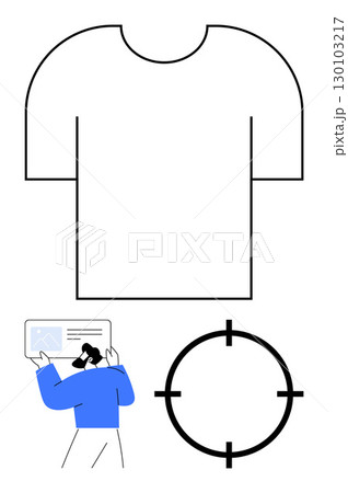Outlined T-shirt, designer working on tablet, and target mark for printing alignment. Ideal for fashion design, custom apparel, print services, graphic design, online stores, branding marketing Outlined T-shirt, designer working on tablet, and target mark for printing alignment. Ideal for fashion design, custom apparel, print services, graphic design, online stores, branding marketing 130103217